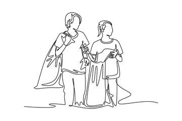 Group of cheerful friends volunteering in local park. Volunteering in non-profit organizations. University Student Life concept. Single line draw design. Vector graphic illustration