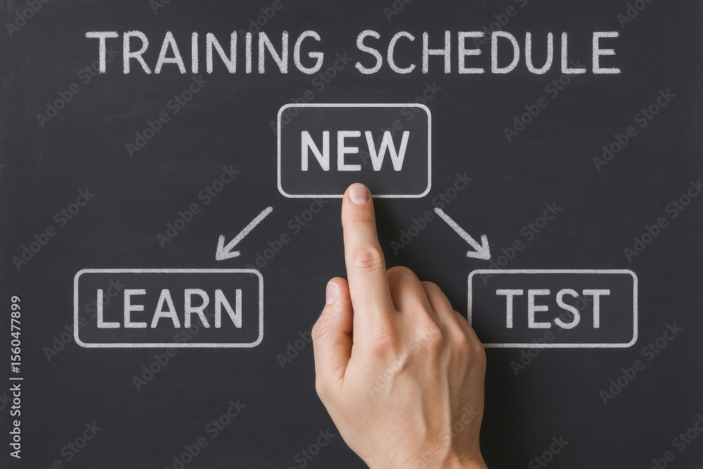 Poster a initiates a fresh training plan on a chalkboard emphasizing learning and evaluation to enhance ski