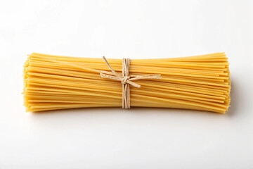 Raw Italian Spaghetti Bundle Tied with Twine on White Background