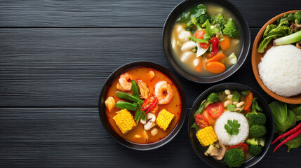 An overhead view displays an assortment of appetizing soups and a bowl of white rice on a dark wood background, offe a glimpse of various Asian cuisines.