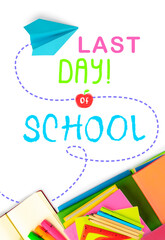 School Holidays concept. Fun colorful inscriptions in a children's style. Notepads, notebooks,...