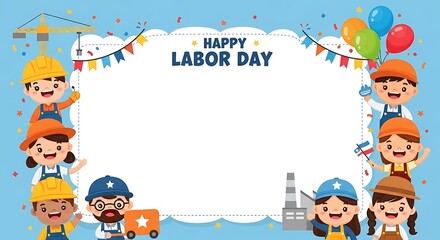 Obraz premium Cheerful cartoon workers celebrating Labor Day, framing a blank space for text.