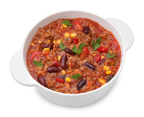 Tasty chili con carne in bowl isolated on white