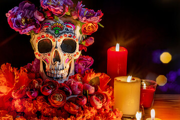 Skull with decor for the holiday Day of the Dead. Dia de los Muertos altar surrounded by ornamented...
