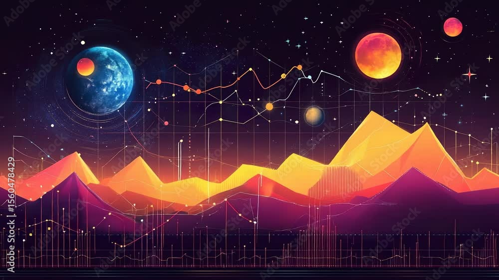 Poster cosmic finance data visualization with celestial bodies and mountainous charts