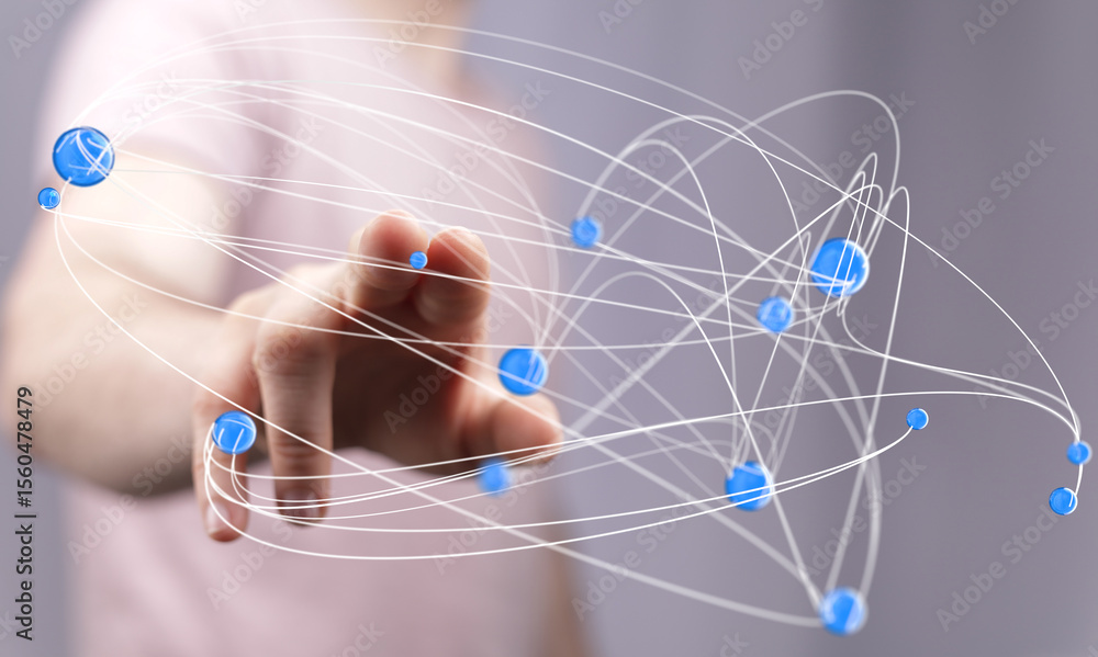 Poster Abstract image of a hand interacting with a complex network of interconnected nodes, representing global communication and connectivity.