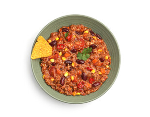 Tasty chili con carne in bowl and nachos isolated on white, top view