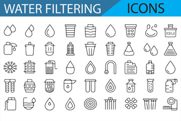 Water treatment icons representing filtration, purification, and hydration technologies in a clean line art style.