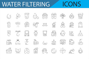 Collection of icons for water filtering and purification, perfect for sustainability and environmental solutions.