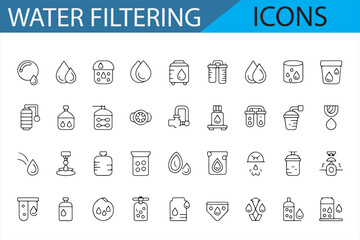 Minimalistic icons showcasing water purification, filtering, and treatment technologies in clean line art design.