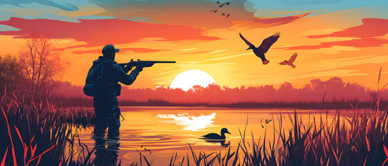 A vibrant sunset frames a duck hunter aiming his rifle at flying birds over a calm lake, nature and wildlife scenery.