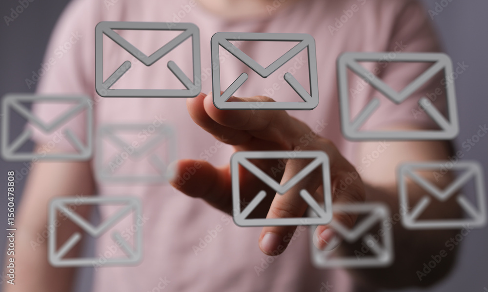 Poster hand interacting with floating email icons, digital communication concept.