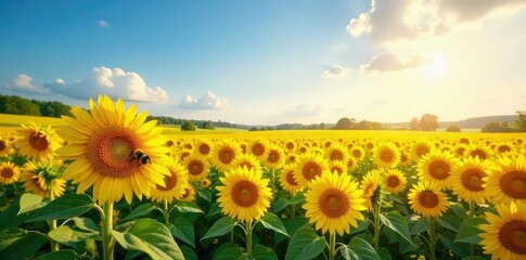 Obraz premium Vibrant Sunflower Field at Summers Horizon Golden Petals, Buzzing Bees, Idyllic Rural Scene