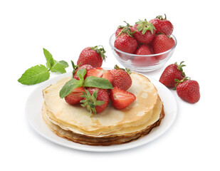 Delicious crepes with strawberries and mint isolated on white