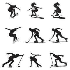 Fototapeta premium Ultimate Skating Silhouette Collection – Dynamic Vector Set of Kids and Adults Performing Skateboarding and Ice Skating Poses for Sports, T-Shirt Prints, and Urban Design Projects . Thank You . 