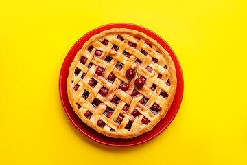 Tasty cherry pie on yellow background, top view