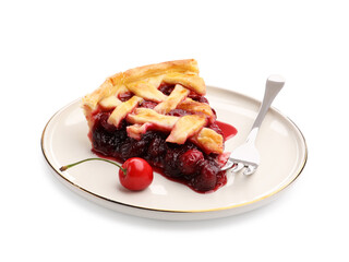 Piece of tasty cherry pie, berry and fork isolated on white
