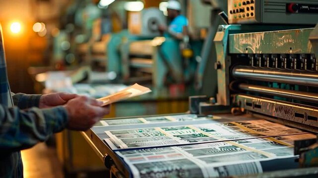 The worker inspects freshly printed sheets in a lively printing house filled with machinery and stacks of paper	