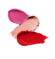 Composition with lipstick swatch isolated on transparent background. Pink, red and brown lipstick smear smudged showcasing lipstick texture.