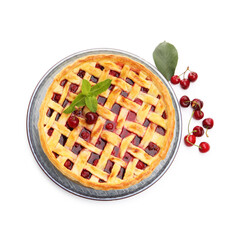 Tasty cherry pie, leaves and berries isolated on white, top view