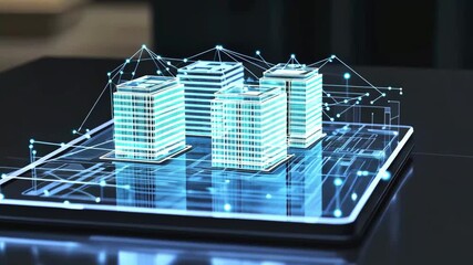 Digital rendering of several city buildings in glowing blue wireframe, projected from tablet with connected data lines. Smart architecture and network integration