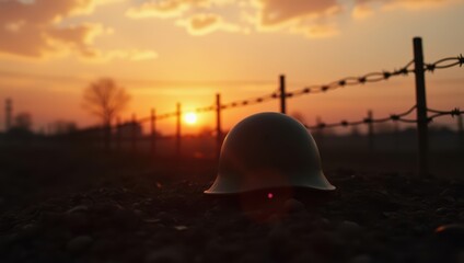 Military helmet on ground with barbed wire fence at sunset. War and peace concept. Remembering fallen soldiers or victims.