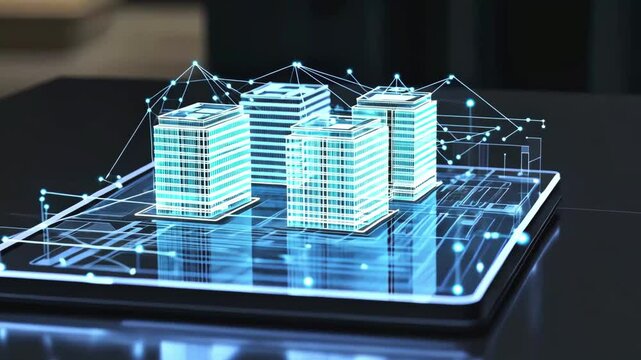 Digital rendering of several city buildings in glowing blue wireframe, projected from tablet with connected data lines. Smart architecture and network integration