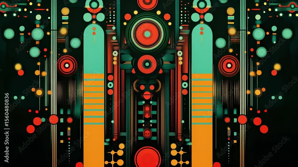 Poster abstract technicolor dreamscape: a vibrant geometric pattern with retro-futuristic elements