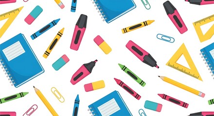 Obraz premium Colorful school supplies arranged in a repeating pattern on a white background.