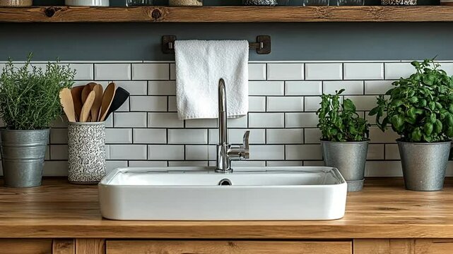 Kitchen sink with white subway tile backsplash and wooden countertop