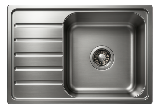 Single-compartment kitchen sink with a reversible drainer in stainless steel, ideal for flexible use in small homes.