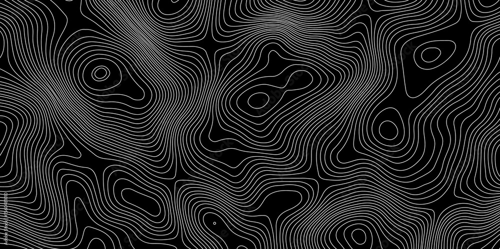 Poster abstract topographic map with white contour lines and black background depicting abstract terrain an