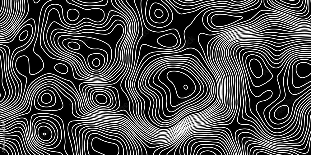 Poster abstract topographic map with white contour lines and black background depicting abstract terrain an