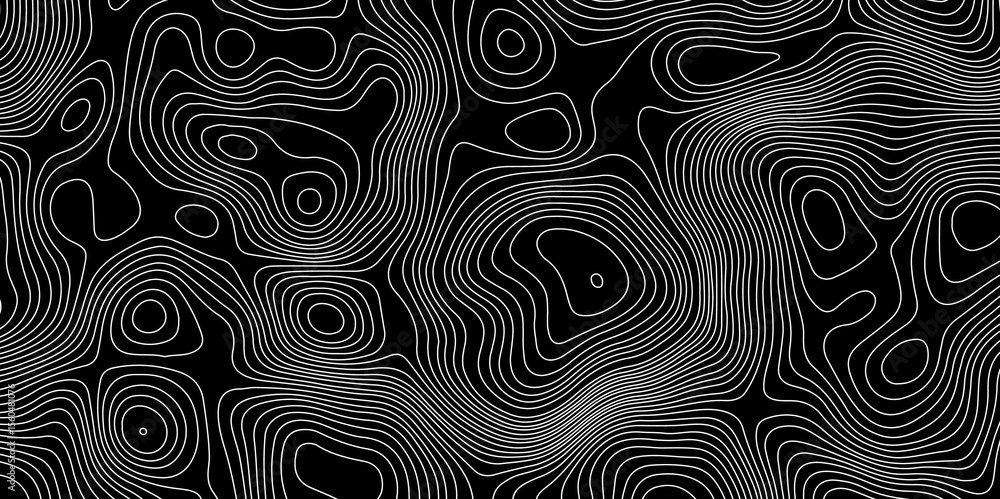 Poster abstract topographic map with white contour lines and black background depicting abstract terrain an