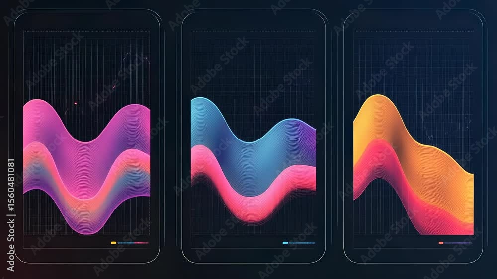Poster abstract data visualization on mobile devices: animated graph illustrations showing financial trends