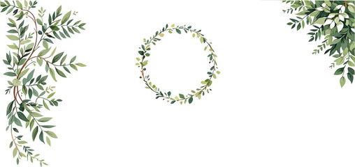 Leafy Green Botanical Frame Featuring Central Wreath and Foliage Corners in Minimalist Nature Design