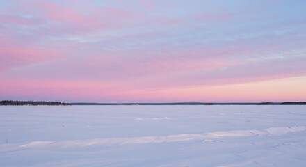 静かな冬の湖、淡いピンクの夕焼け空が広がる. AI Generated