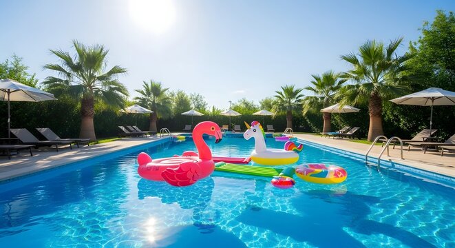 A swimming pool with inflatable flamingo and unicorn floats surrounded by palm trees and umbrellas