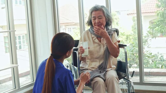 Female doctor uses portable blood glucose meter (BGM) on elderly woman in wheelchair blood sugar test record consider the record to adjust the treatment plan.