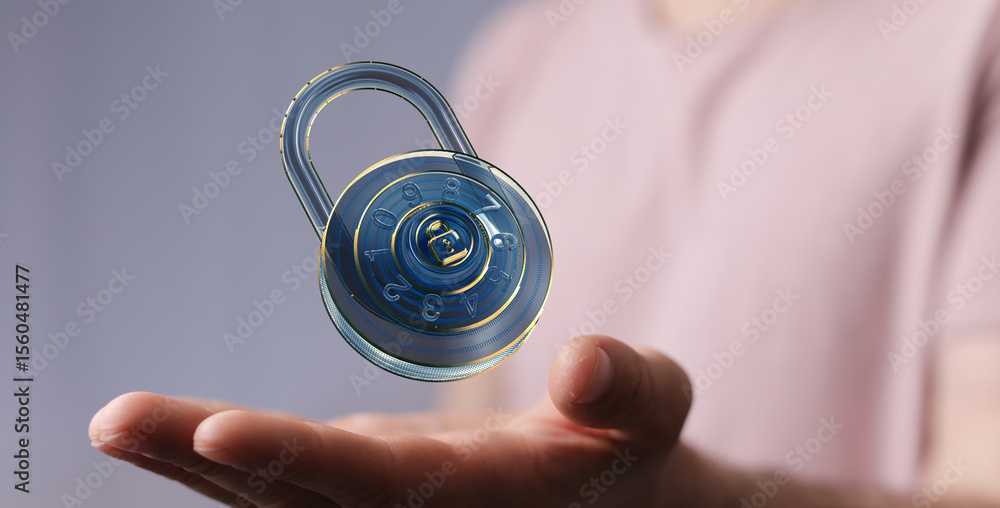 Poster Secure your data.  Cybersecurity concept with a digital combination lock hovering above a hand.