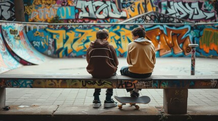Two boys sit on a graffiti-covered bench at a skatepark, one holding a skateboard, surrounded by vibrant street art and urban culture.
