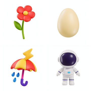 3D set of space and nature icons with flower, egg, and astronaut

