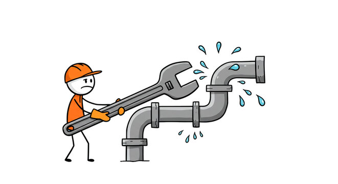 Plumber cartoon repairing leaky pipe with wrench emergency plumbing services cartoon illustration vector design on transparent background