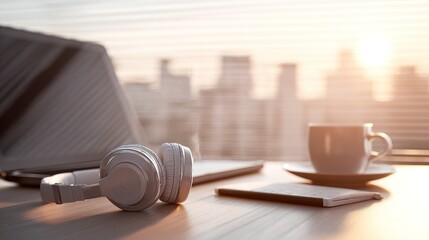 An inviting office desk setup featuring wireless headphones, a coffee cup, and a laptop bathed in soft morning light filtering through blinds, with a blurred cityscape in the background, perfect for i
