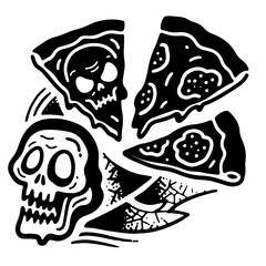 Black and white skull pizza slices illustration design element