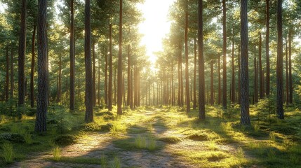 Obraz premium Sunlight filtering through tall pine trees in a peaceful forest