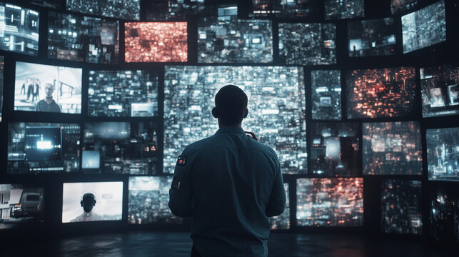 Security analyst using AI detection system, surrounded by floating surveillance feeds, threat levels, and facial recognition tags. 
