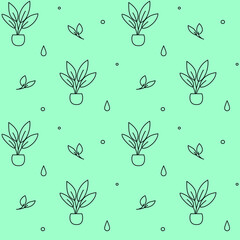 Cute seamless pattern with potted plants, leaves, drops, and dots on a mint green background. Perfect for kids' products, nursery decor, and fabric design.