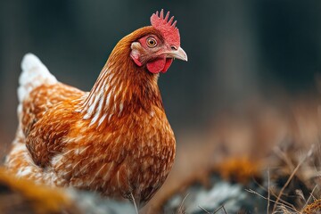 Fototapeta premium A hen with vibrant reddish-brown feathers forages in a serene outdoor environment filled with greenery and soft earth tones