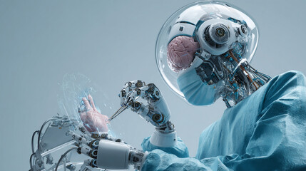Surgeon operating with robotic instruments guided by AI projections of organ scans and real-time diagnostics. Pale blue background.